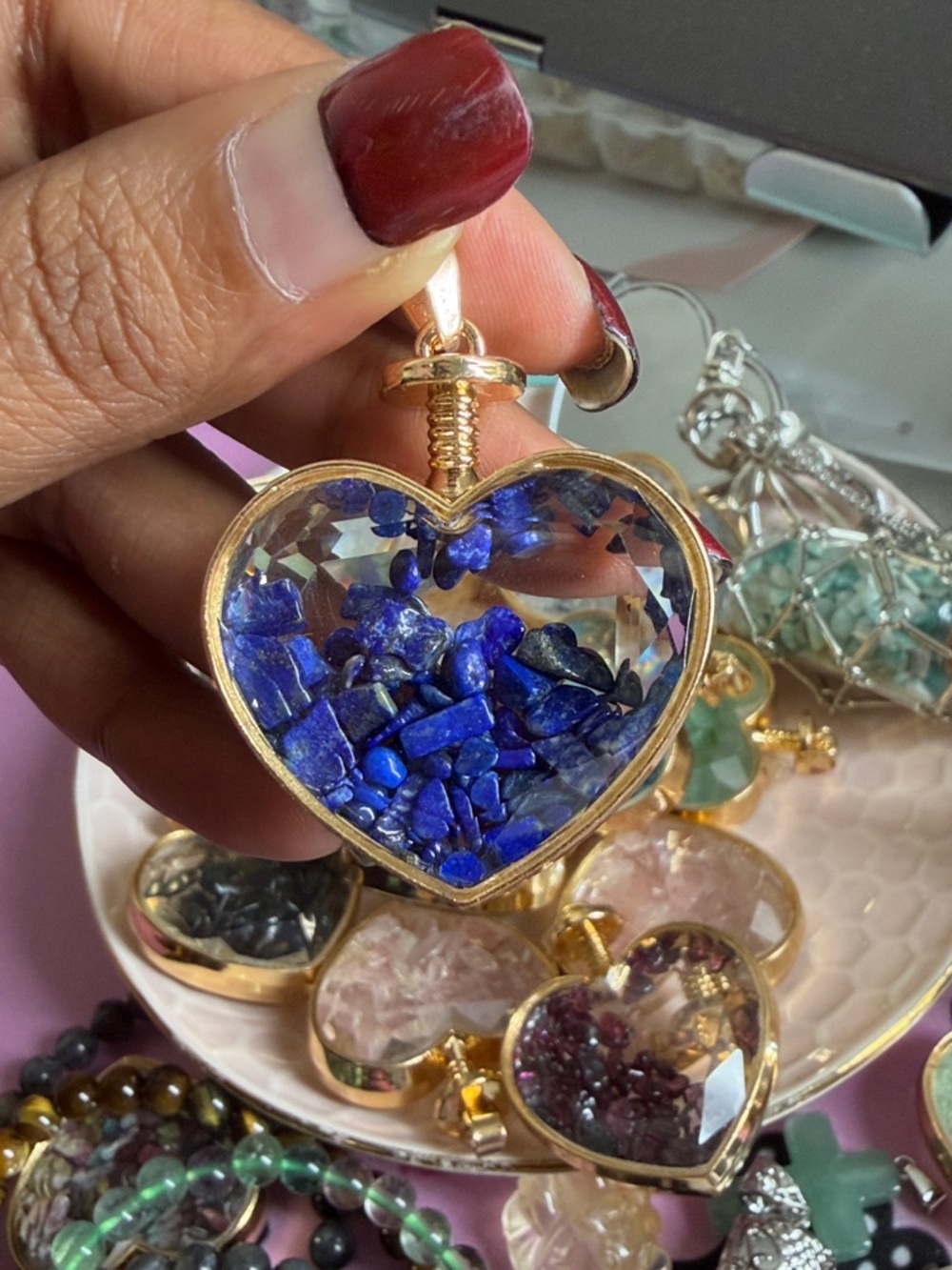 Lapis Gold Heart Pendant Necklace with Lapis Chips